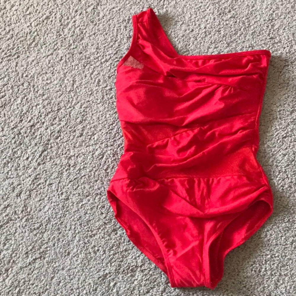 Red one piece one shoulder bathing suit